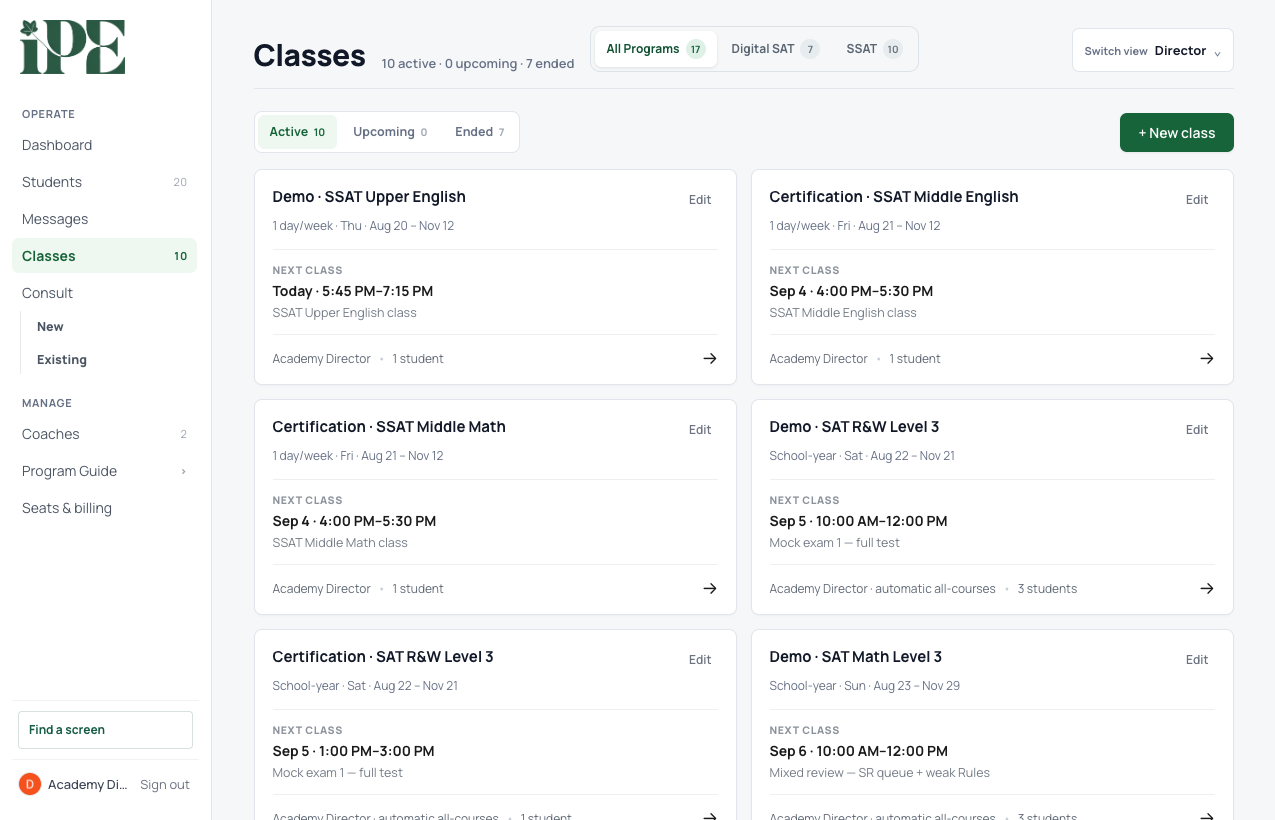 Current IPE director Classes screen showing active SAT and SSAT classes, schedules, rosters, and instructor access using demo records