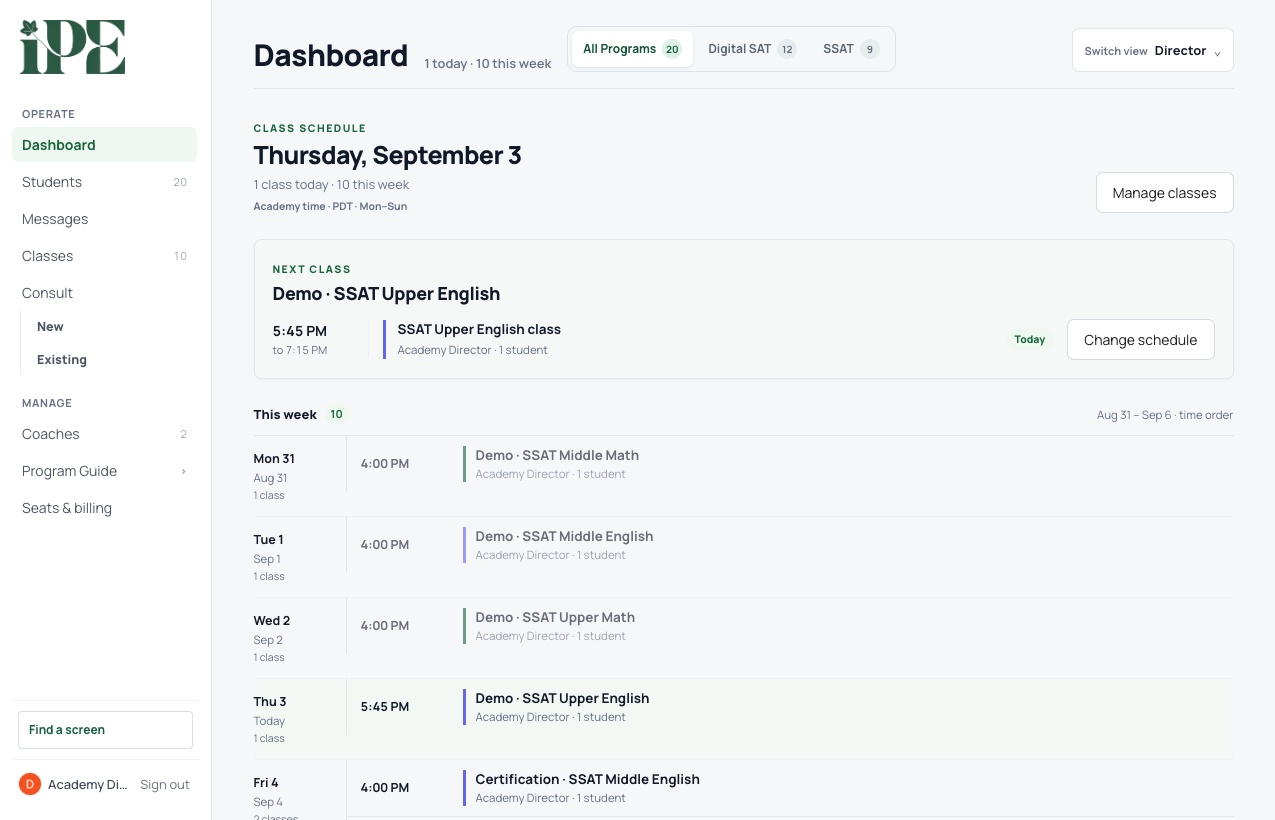 Current IPE director dashboard showing weekly classes, active assignments, and student follow-up using demo records