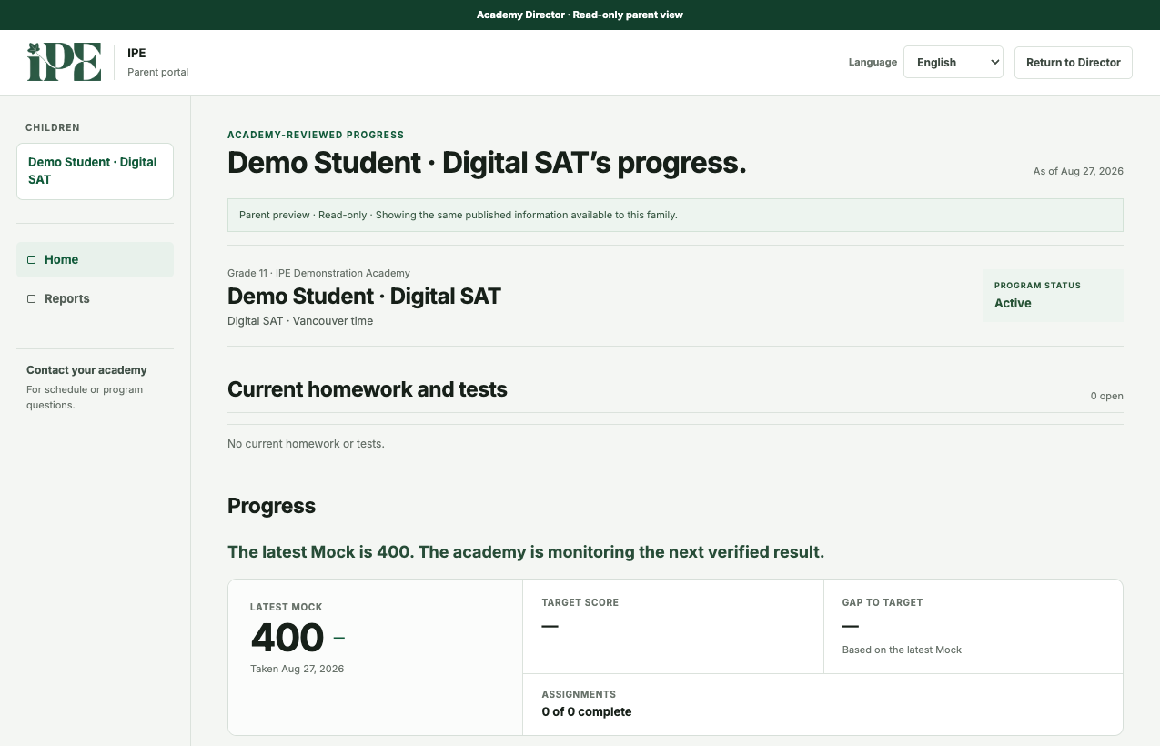 Current IPE parent progress page showing a completed mock result, recent accuracy, and an academy-reviewed progress update for a demo student
