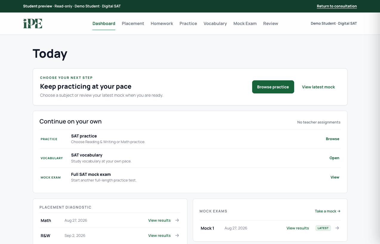 Current IPE Digital SAT student dashboard showing completed placement, a completed mock test, and the next recommended work for a demo student