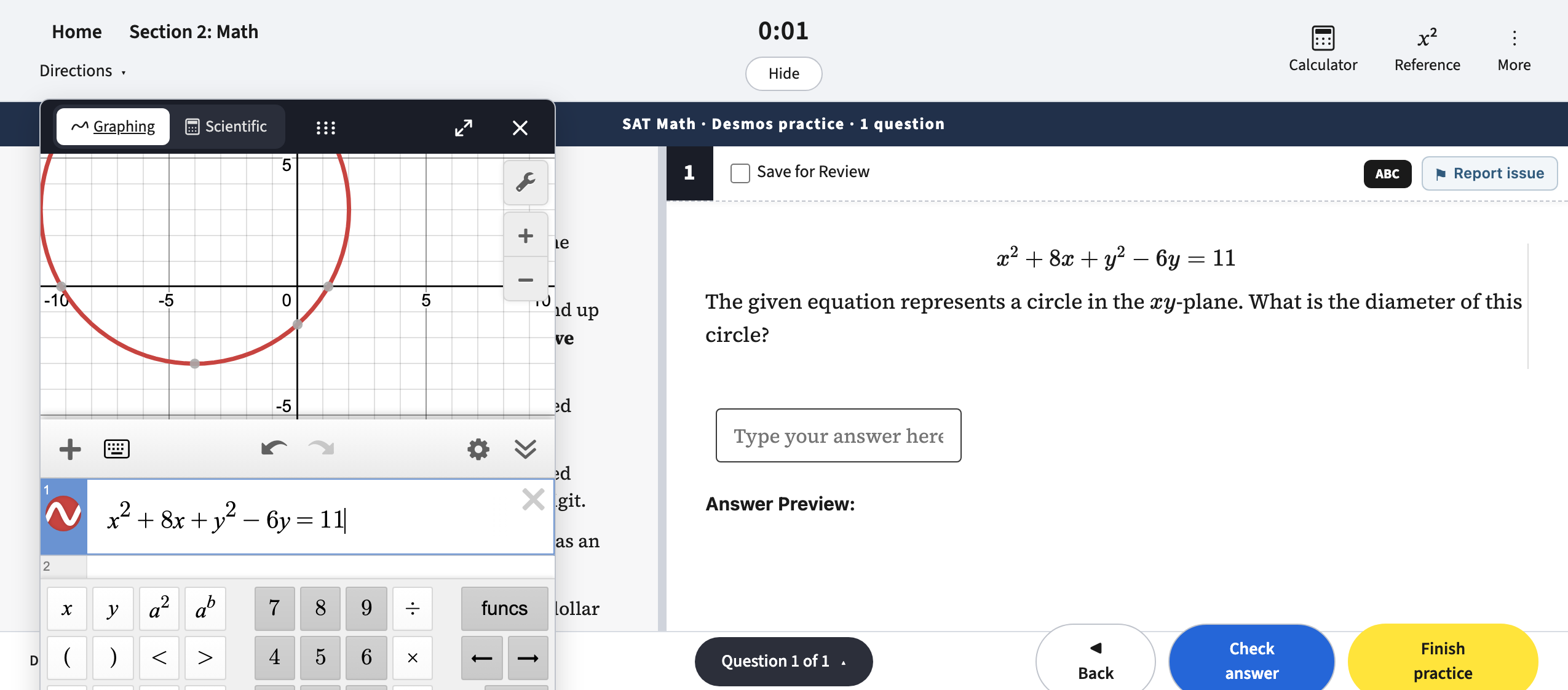 Current IPE Digital SAT Math practice showing the same circle equation in the question and in the open Desmos calculator with its graph