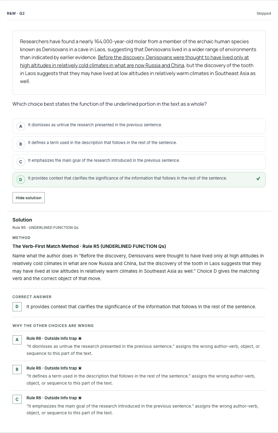 Current IPE Digital SAT Reading and Writing result showing the correct answer, Rule R5 method, and Rule R6 explanations for the other choices